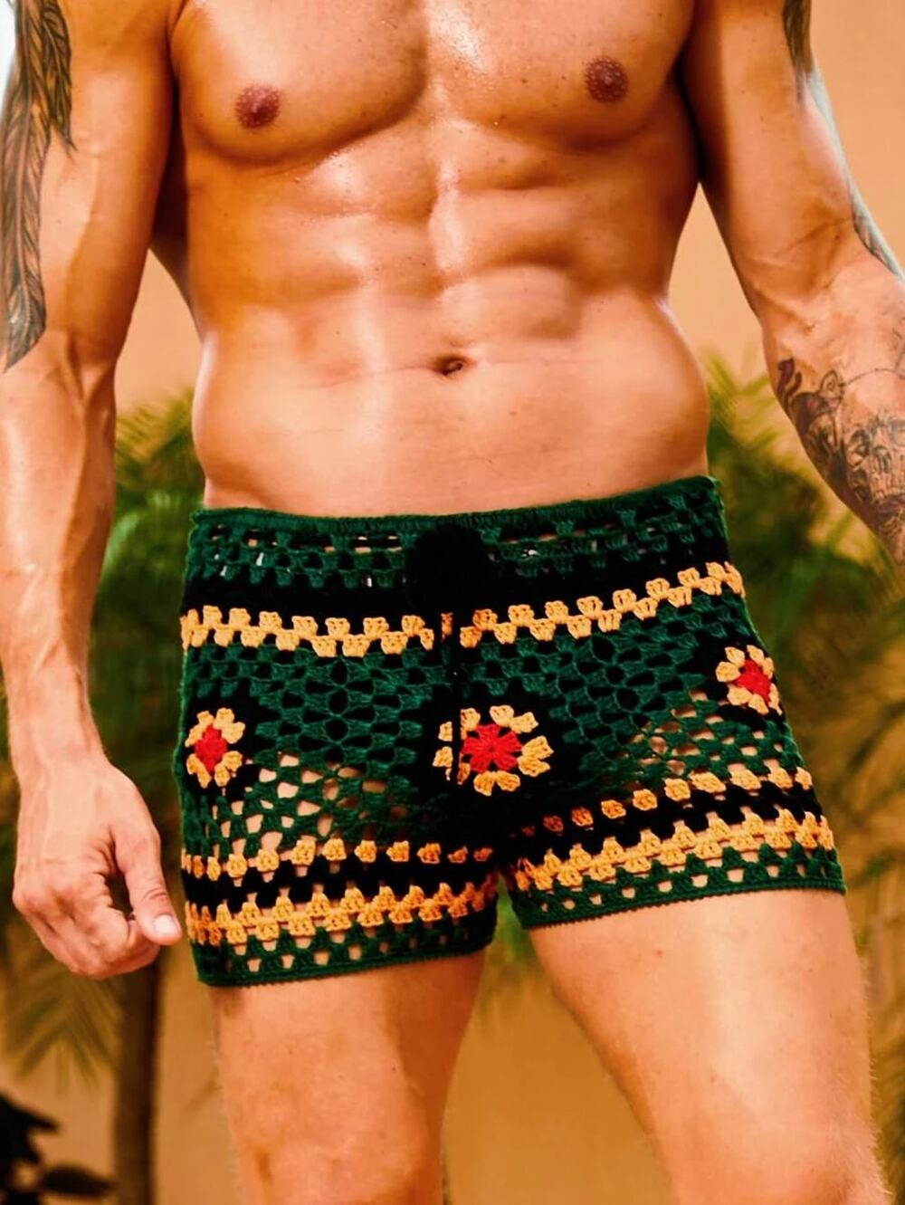 NEW Shein Manfinity RSRT Men Floral Crochet Drawstring Waist Shorts Green Medium